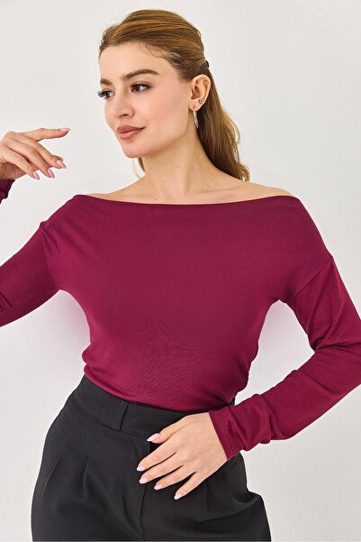 Raneel Kazançlı Alışveriş Women's Wide Collar Long Sleeve Lycra Blouse Burgundy