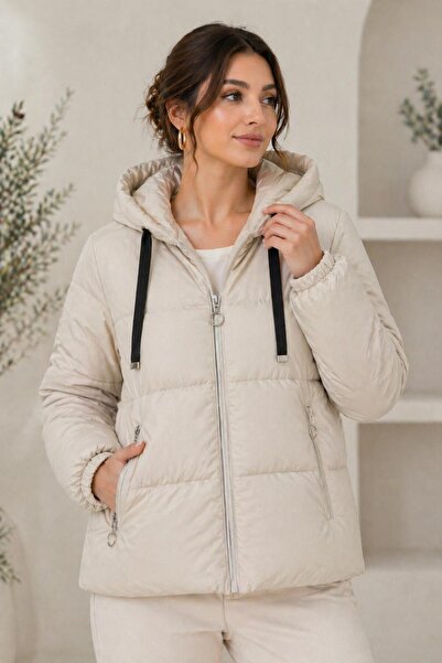 Raneel Kazançlı Alışveriş Women's Soft Puffer Coat with Zippered Pockets in Ecru