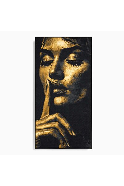 Luxcanva Tablou Canvas Tacere Aurie 50x100 cm cu Rama Negru Portret Femeie Mi...