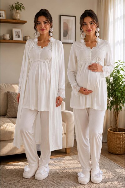 ByLohusa Comfortable Fit Long Robe Maternity Pajama Set Effortt - Ecru