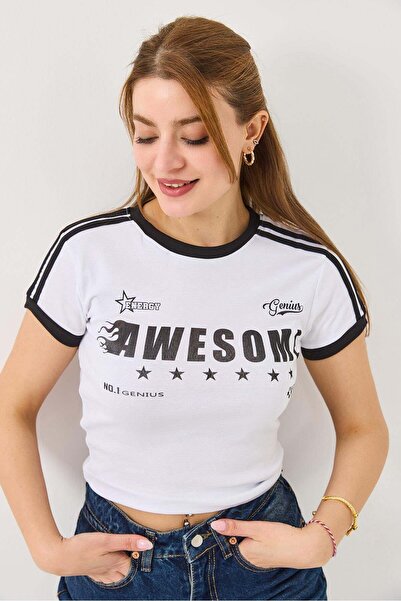 Raneel Kazançlı Alışveriş Crew Neck Printed Crop Tshirt White