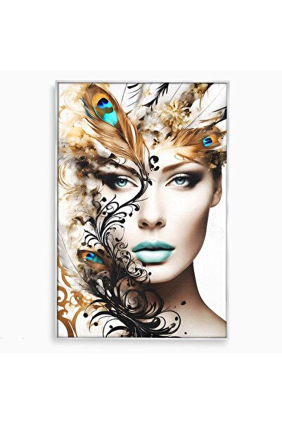 Luxcanva Tablou Canvas Femeie Cu Pene 80x120 cm cu Rama Argintiu Femeie Portr...