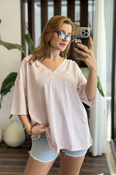 Raneel Kazançlı Alışveriş Women's V-Neck Oversize Casual Tshirt Lilac