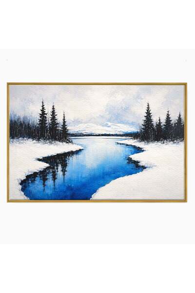 Luxcanva Tablou Canvas Peisaj De Iarna Cu Rau 60x40 cm cu Rama Auriu Peisaj I...