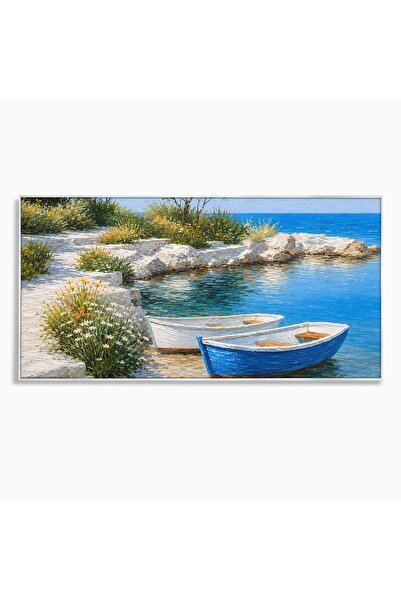 Luxcanva Tablou Canvas Barci La Tarm 120x60 cm cu Rama Argintiu Mare Barci Pe...