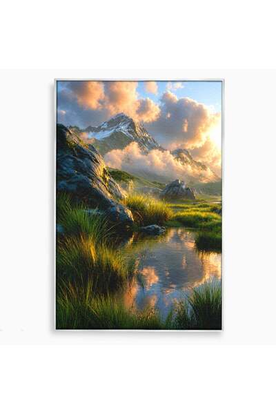 Luxcanva Tablou Canvas Peisaj Montan Idilic 40x60 cm cu Rama Argintiu Munti A...