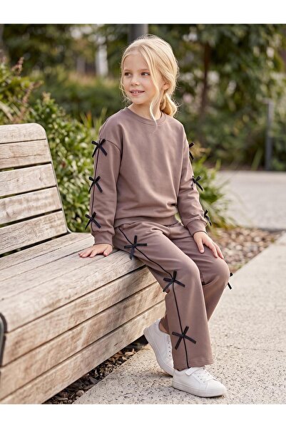 Civil Girls Girl's Bowknot Tracksuit Set for Ages 6-9 - Beige