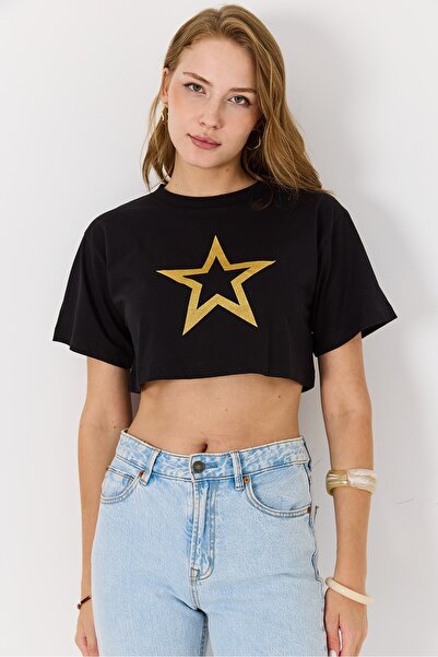 Raneel Kazançlı Alışveriş Women's Crew Neck Star Printed Crop Blouse Black