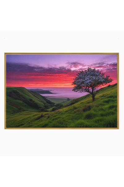 Luxcanva Tablou Canvas Apus Pe Dealuri 100x70 cm cu Rama Auriu Apus Dealuri N...