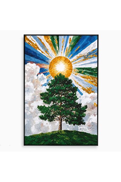 Luxcanva Tablou Canvas Copacul Sub Soare 70x100 cm cu Rama Negru Copac Soare ...