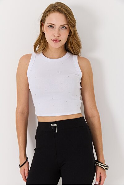 Raneel Kazançlı Alışveriş Women's Crew Neck Stone Detailed Crop Blouse White