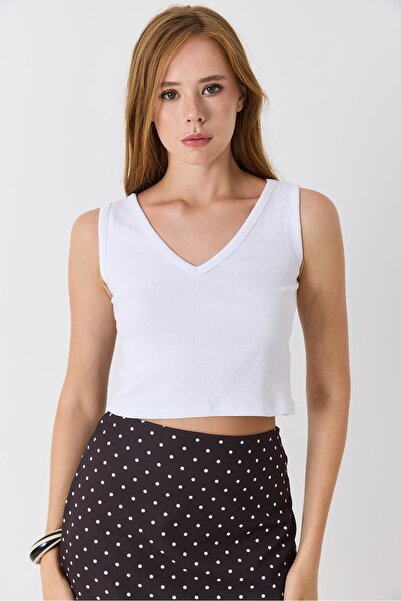 Raneel Kazançlı Alışveriş Women's V-Neck Camisole Crop Blouse White
