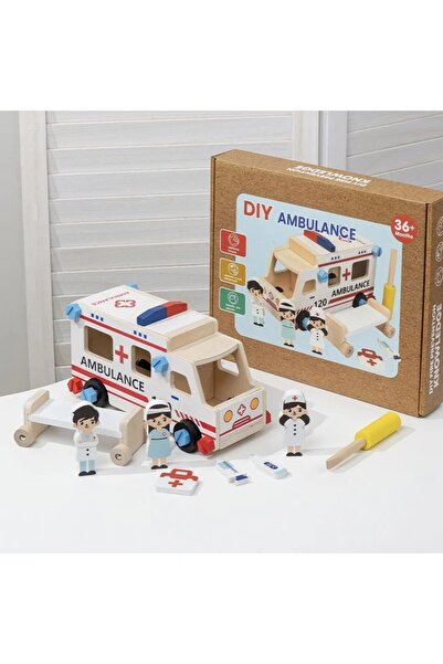 sallma Set educativ ambulanta din lemn cu figurine si accesorii medicale pent...