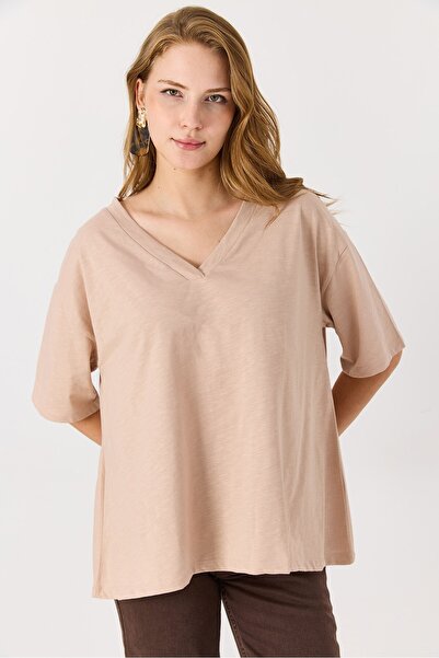 Raneel Kazançlı Alışveriş Women's V-Neck Oversize Casual Milk Coffee Color