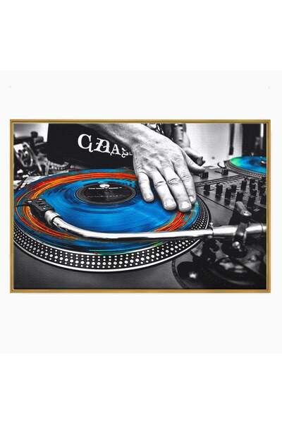 Luxcanva Tablou Canvas DJ La Platane 100x70 cm cu Rama Auriu DJ Muzica Vinil
