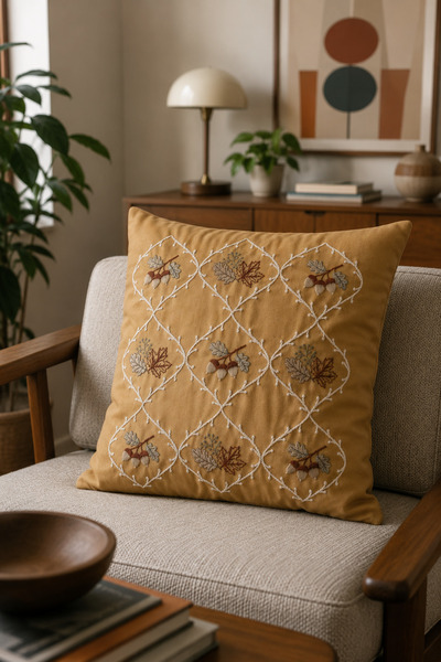 Pilloveland Premium Embroidered Cushion Cover - 43*43 cm - Mustard Autumn - P...