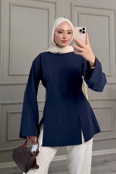 onlymoon Lacivert Kadın Modal Kumaş Çift Yırtmaç Detaylı Arkadan Bağlamalı Tu...
