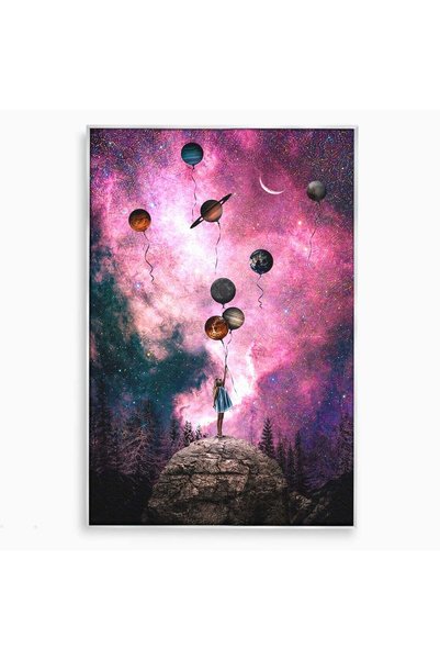 Luxcanva Tablou Canvas Fata Si Planetele 40x60 cm cu Rama Argintiu Fata Plane...