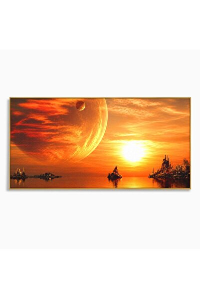 Luxcanva Tablou Canvas Planeta La Apus 140x70 cm cu Rama Auriu Planeta Apus P...