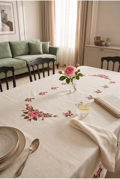 Softifyhome Pink Rose Cross-Stitch Patterned Tablecloth 160X220 cm – Seamless Fabric Digital Printed Stylish Tablecloth