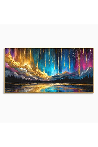 Luxcanva Tablou Canvas Aurora Boreala Feerica 140x70 cm cu Rama Auriu Aurora ...
