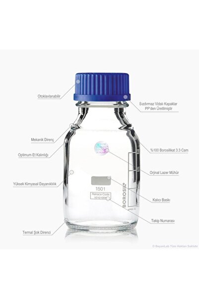 Dermomer Cam Otoklav Şişe 500 ml - Vida Kapaklı Boş Şişe - 100% Borosilikat - Contalı - Otoklavlanabilir
