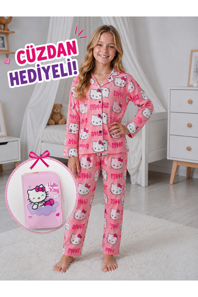 zahider Girl's Cotton Buttoned Long-Sleeved Wallet Gift Pajama Set
