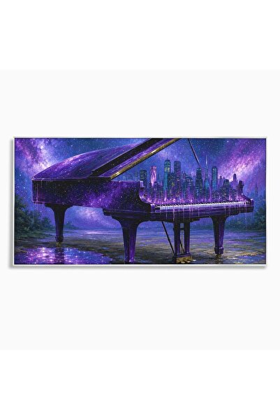 Luxcanva Tablou Canvas Pianul Cosmic 100x50 cm cu Rama Argintiu Pian Cosmos Oras