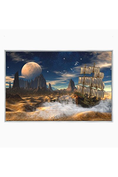 Luxcanva Tablou Canvas Corabie In Peisaj Cosmic 120x80 cm cu Rama Argintiu Co...