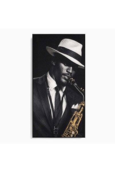 Luxcanva Tablou Canvas Saxofonist Elegant 60x120 cm cu Rama Negru Saxofonist ...