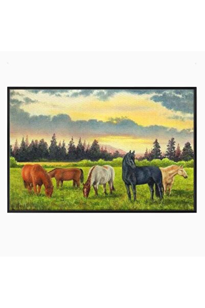 Luxcanva Tablou Canvas Cai In Apus Pastoral 100x70 cm cu Rama Negru Cai Peisa...