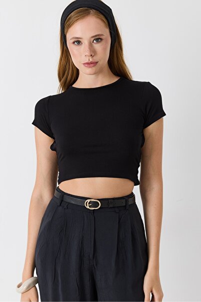 Raneel Kazançlı Alışveriş Women's Crew Neck Backless Crop Blouse Black