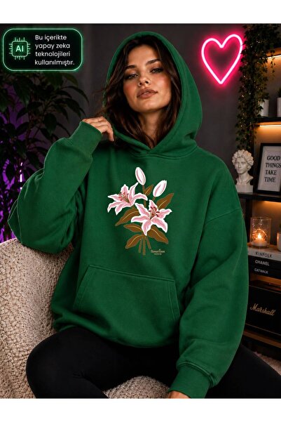 caddekombin Women's Pink Lily Flower Printed Hooded Kangaroo Pocket Cotton Ca...