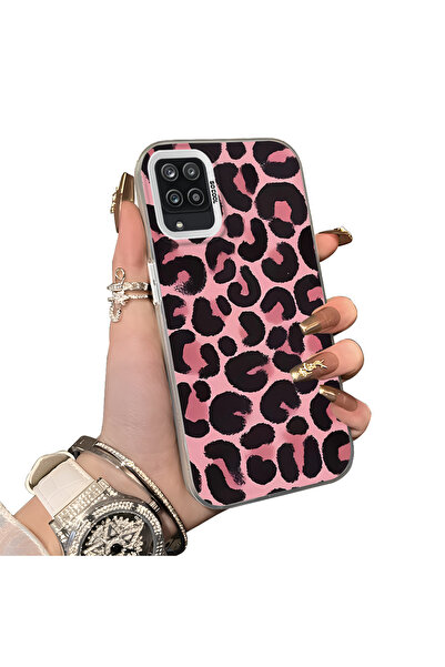 ucuc Samsung Galaxy A12/M12 Uyumlu Pembe Arka Siyah Leopar Desenli Akrilik Ar...