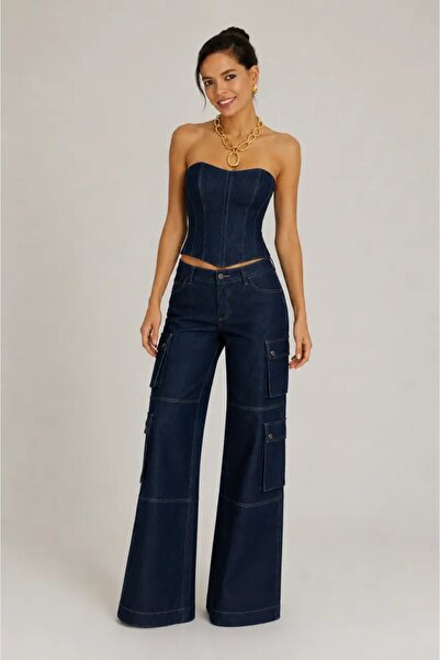 Cool & Sexy Women's Navy Blue High Waist Wide Leg Cargo Pocket Jean Trousers