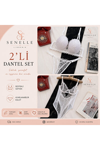 Beyaz Destekli Sütyen Külot Takımı ve Dantelli Body