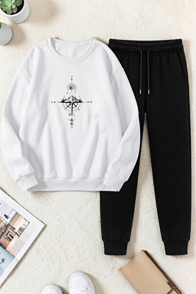 uyguntarz Unisex Compass Design Printed Crew Neck Sweatshirt - 2-Piece Tracks...