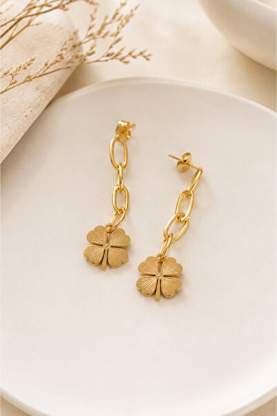 Archhazel Jewelery Gold Four-Leaf Clover Chain Dangle Steel Earrings
