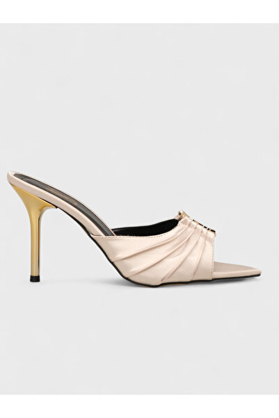 Sadık Yılmaz Women's summer 8cm thin heeled slippers - 230 56657-2 - beige satin