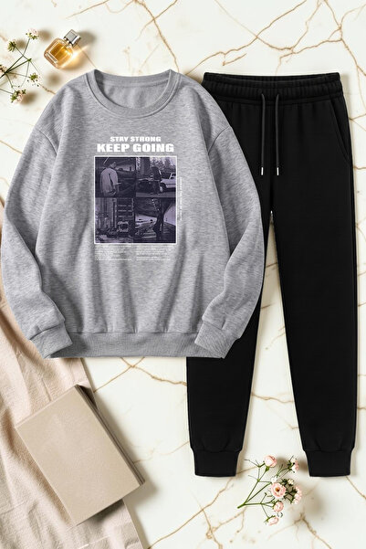 uyguntarz Unisex φούτερ με στάμπα Keep Going Design - Σετ φόρμας 2 τεμαχίων