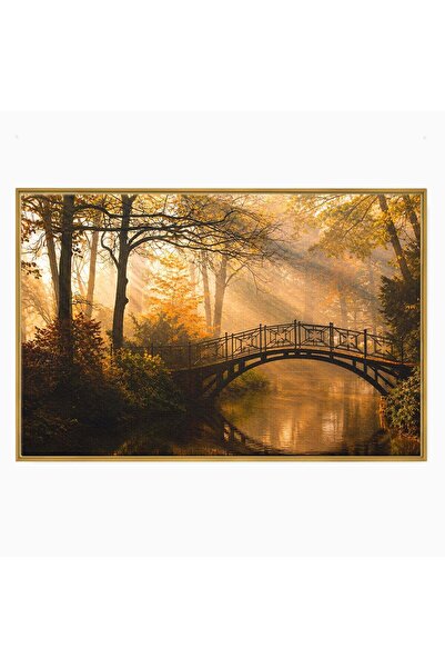 Luxcanva Tablou Canvas Pod Peste Râu In Padure 100x70 cm cu Rama Auriu Pod Ra...