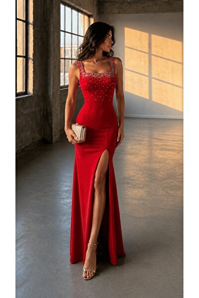 Modafeminen Red Square Collar Stone Printed Strap Crepe Evening Dress 583425