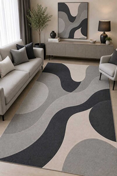 Bordo Halı Modern Soyut Gri Antrasit Bej Geometrik Dijital Baskılı Yıkanabili...