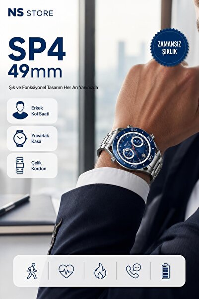 NS Store 49mm Tam Ekran Yuvarlak Akıllı Saat Çelik Silikon Kordonlu Adımsayar Nabız Sesli Görüşme Erkek Kol S