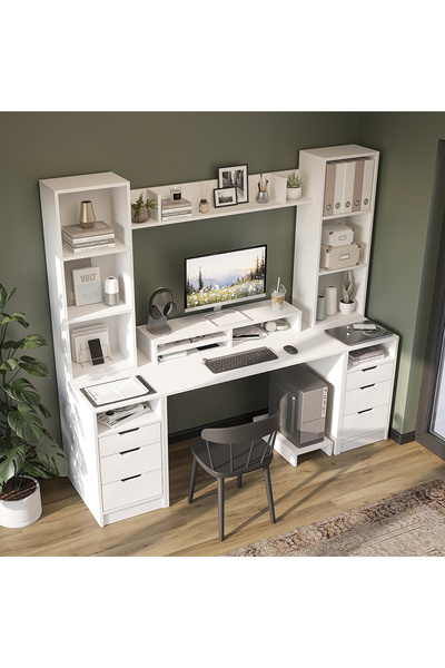 ROOMART Mode Kitaplıklı ve Raflı Çalışma Masası , Raflı Monitör Standlı Çalışma Ofis Masası , Bilgisayar Masası , 2 adet 3 Çekmeceli Kesonlu Çalışma Masası