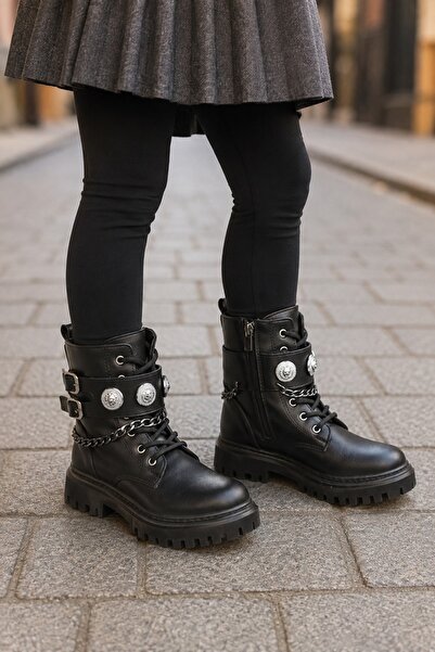 minibonito Orthopedic Lace-Up Zippered Girls' Boots Shoes Black Girls' Boots