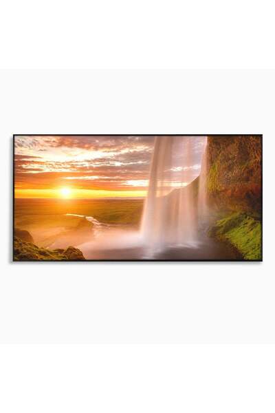 Luxcanva Tablou Canvas Cascada La Apus 140x70 cm cu Rama Negru Cascada Apus P...