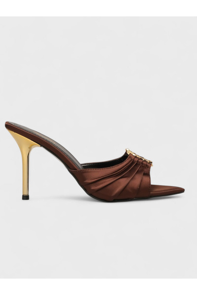 Sadık Yılmaz Women's Summer 8cm Thin Heeled Slippers - 230 56657-2 - Brown Satin