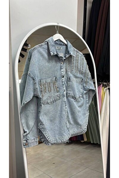 yamujeans Taşlı cepli kot ceket açık mavi