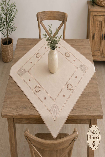 ÖDEL BULDAN Naturel&Sütlü Kahve El Emeği Motif Nakışlı Biyeli Masa, Sehpa,Fis...